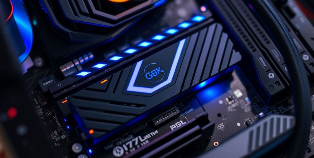 A close-up shot of a PC motherboard with illuminated RAM modules, a modern SSD, and cables neatly arranged; a gaming GPU is partially visible, emphasizing high performance hardware tuning for best gaming speed.