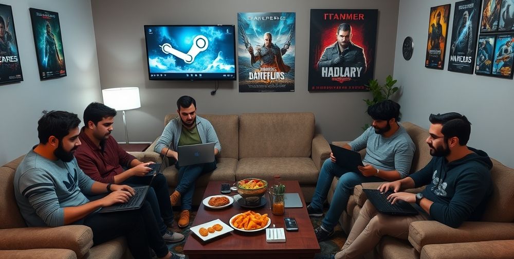 A group of enthusiastic Iranian gamers sitting together in a cozy living room, each using their personal laptops or gaming PCs, with Steam interface on screens, snacks on the table, and posters of popular games decorating the wall.