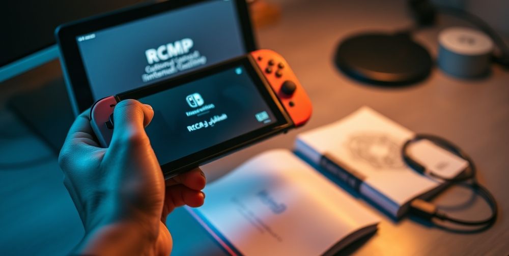 Close-up of hands holding a Nintendo Switch in RCM mode, with the screen displaying custom firmware installation. In the background, a Persian-language guidebook and USB cable are visible on a tidy gaming desk.