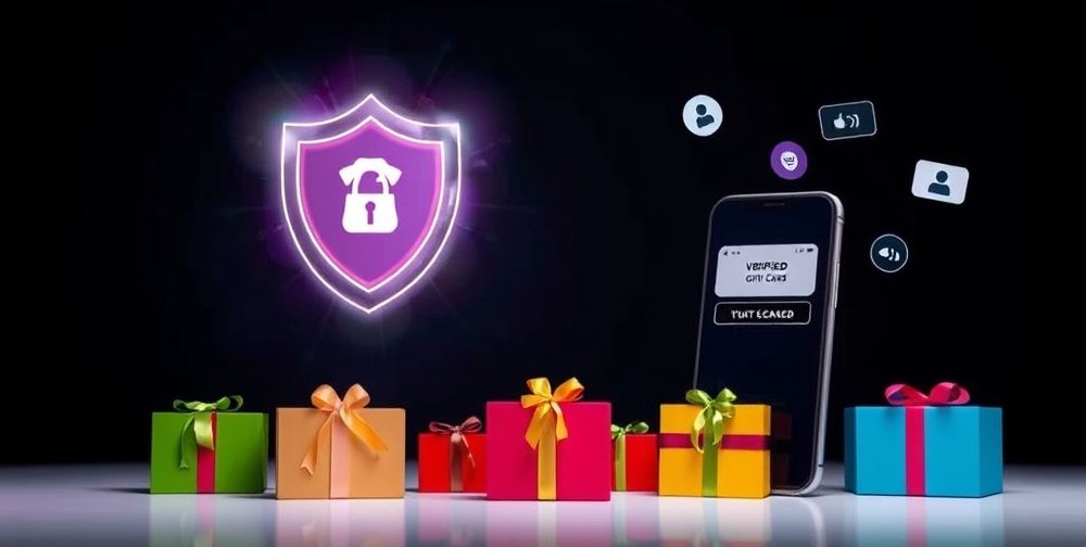 A digital card security concept with a glowing virtual shield over multiple colorful gift cards, a mobile phone displaying a verified digital purchase, and customer support icons, against a dark background indicative of cyber protection.