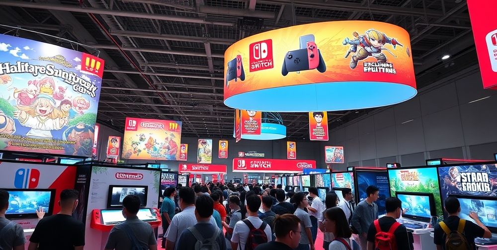 A modern game expo hall in Tokyo, with crowds of young gamers excitedly trying out Nintendo Switch stations. Colorful banners showcase exclusive Nintendo games and characters.