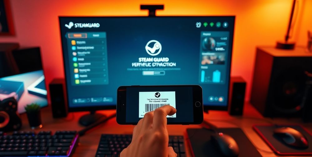 A digital security dashboard on a sleek monitor showing a Steam Guard verification prompt, while a user holds a smartphone displaying a two-factor authentication code. The background includes gaming accessories and a cozy, safe environment.