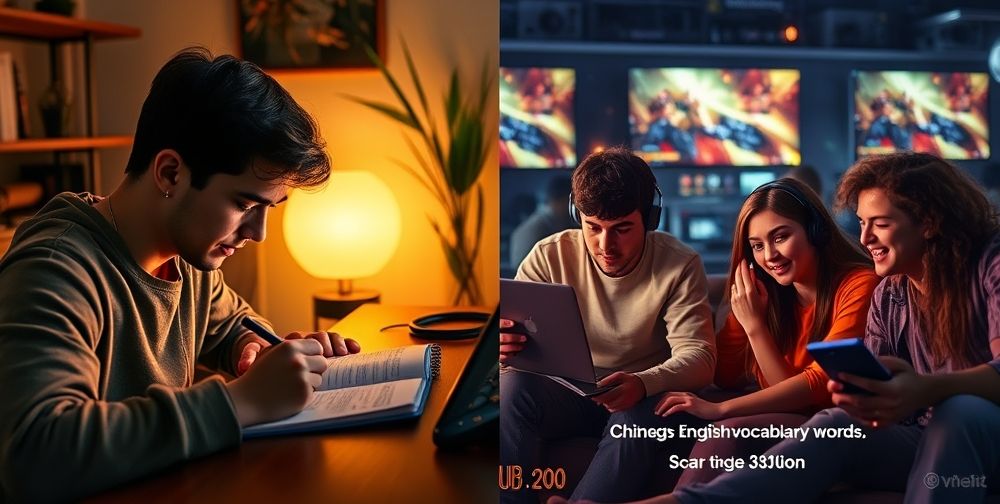 A split image showing a young adult practicing English vocabulary in a notebook with a PlayStation controller nearby, and on the other side, friends engaging cooperatively in an online multiplayer game, using English voice chat and subtitles.