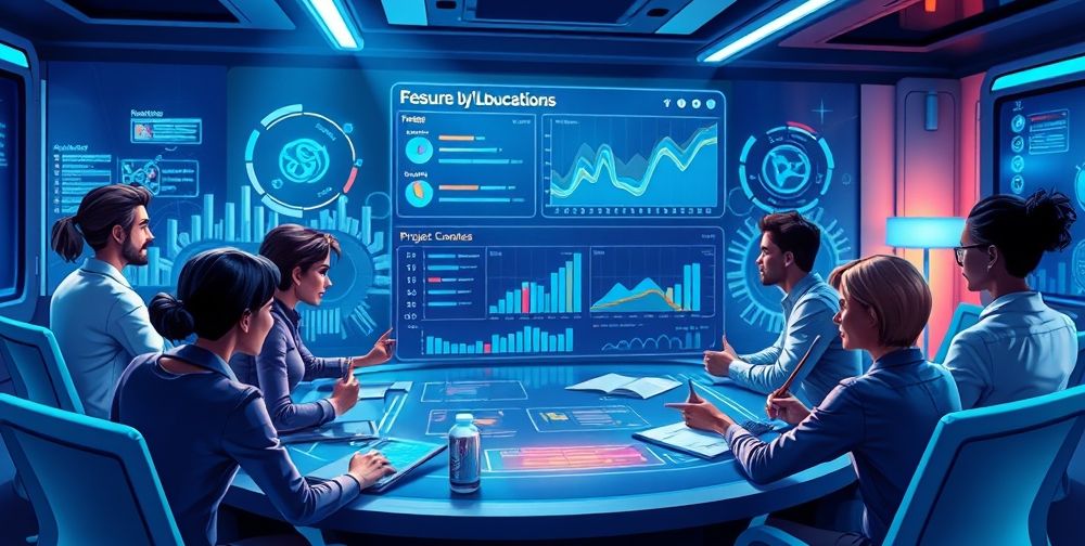 A close-up of an animated game scenario showing an in-game project dashboard, resource allocation charts, and diverse characters collaborating on decision-making in a futuristic boardroom, emphasizing leadership and management themes.