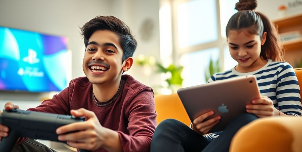 A young Persian gamer happily redeeming a PlayStation Store gift card on his console, while a student nearby uses an Apple gift card for educational apps on her iPad. Bright, cheerful ambiance.