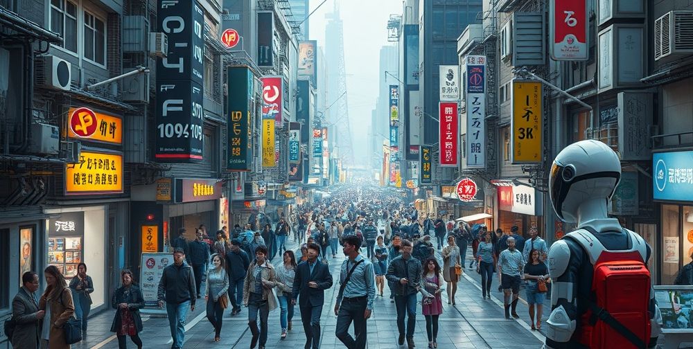 A detailed cityscape with diverse AI-driven NPCs interacting on bustling streets, including smart surveillance systems and a player character using futuristic gadgets, illustrating the impact of AI in video games.