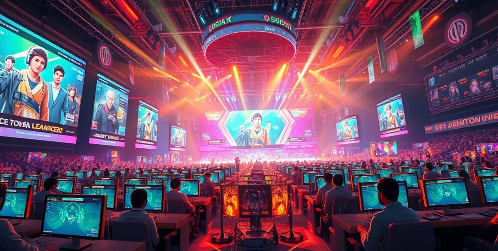 A digital illustration of a large Iranian virtual gaming tournament, with hundreds of players on computers, dynamic screens showing leaderboards, diverse avatars, and live streaming setup, radiating the excitement of social connection and interactive play.