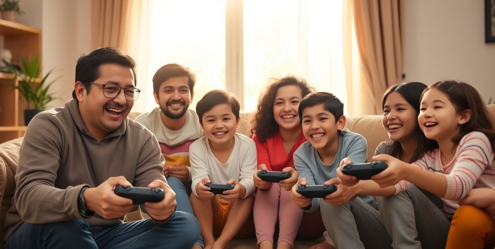 A warm and inviting scene of a family in Iran—parents and children—enjoying a friendly multiplayer video game session at home, with everyone smiling and communicating, demonstrating bonding and intergenerational connection through gaming, set in a sunlit living room.