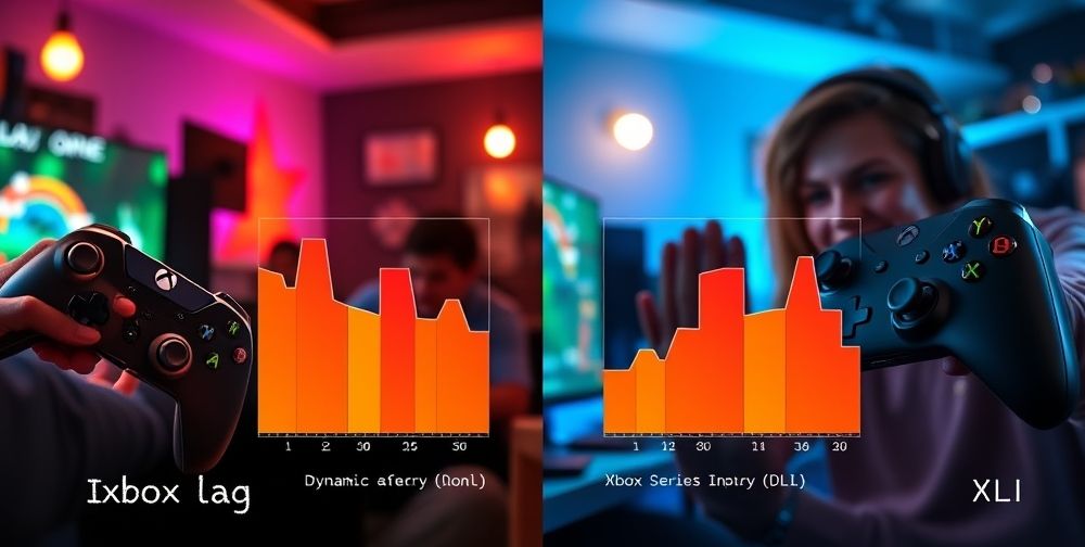 A split-screen showing an older Xbox One controller on one side and an Xbox Series X controller on the other, both being used in fast-paced competitive games, with graphs indicating input lag reduction due to DLI, and happy gamers concentrated on their screens.