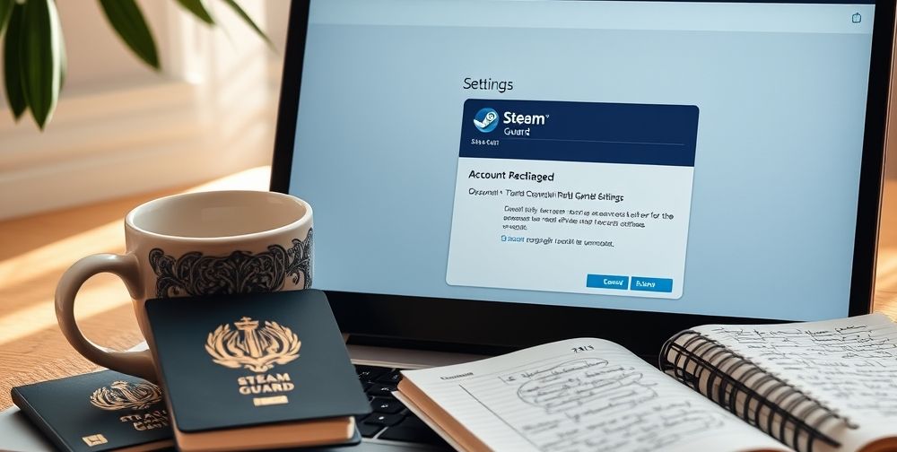 A closeup on a laptop showing a Steam account settings page, with the Steam Guard activation window open. Beside the laptop, an Iranian passport, a mug with Persian calligraphy, and a notebook with handwritten tips are visible, emphasizing the theme of digital safety and legal awareness in online gaming for Iranian users.