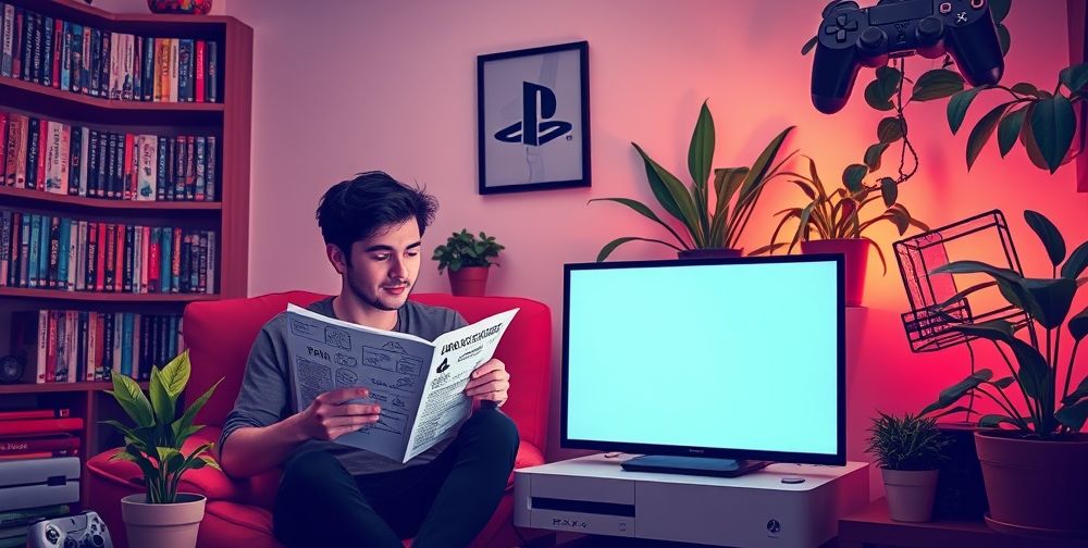 A cozy gaming setup with shelves of PlayStation games, a player calmly consulting an illustrated troubleshooting manual, and a healthy, dust-free PlayStation console surrounded by potted green plants and soft ambient lighting.