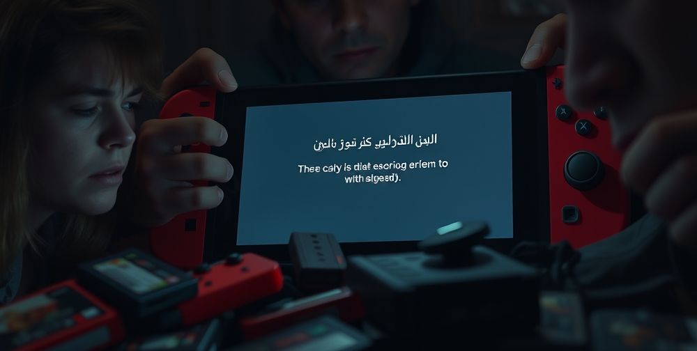 Close-up of a Nintendo Switch screen displaying a critical error message in Persian, surrounded by anxious gamers trying to troubleshoot. There are original and pirated game cartridges scattered around, highlighting the comparison between safe and unsafe games.