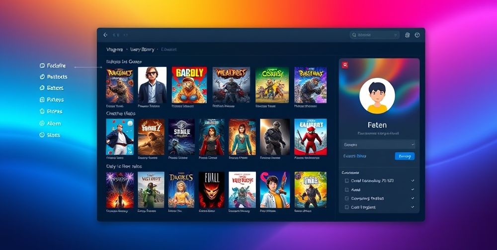 A colorful digital illustration of a custom Steam library screen, games neatly categorized in dynamic collections with vibrant cover art, easy drag-and-drop interface, and user profile customization panel visible in the corner.