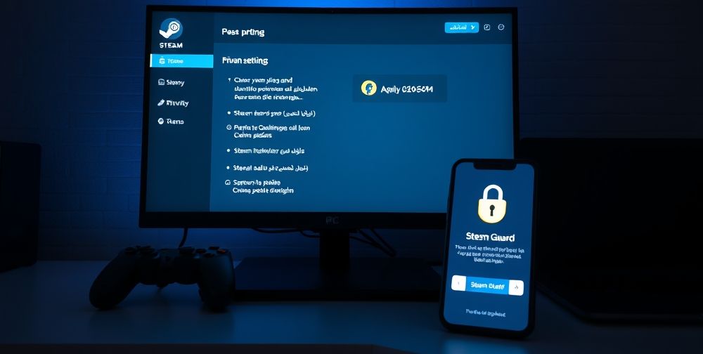 A modern stylized PC display shows the Steam privacy and security settings in Persian. On the desk are two gaming controllers, an open laptop, and a security padlock symbol glowing beside a smartphone showing Steam Guard.