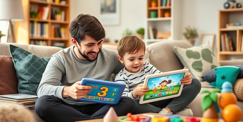 A cozy living room where a parent and a young child are sitting together. The child is playing an educational computer game on a tablet, while the parent offers guidance, surrounded by books and toys, highlighting a positive balanced learning environment.