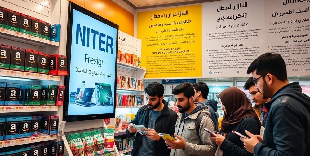 A digital display inside an Iranian electronics store with racks full of international gift card packages (Amazon, Google Play, iTunes) displayed alongside Persian-language informational banners explaining usage rules and legal warnings. Several young Iranians, both men and women, examine cards and read the banners carefully.