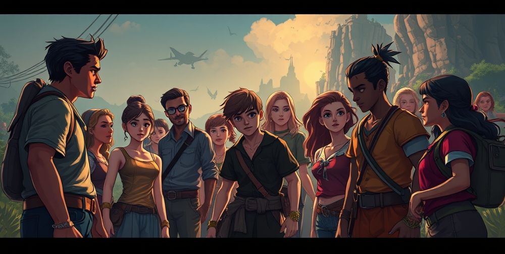 An immersive story-driven game scene: A dynamic group of diverse characters stands in a cinematic, emotionally charged moment, interacting with a background of pixelated retro adventure game art blending into detailed modern graphics.