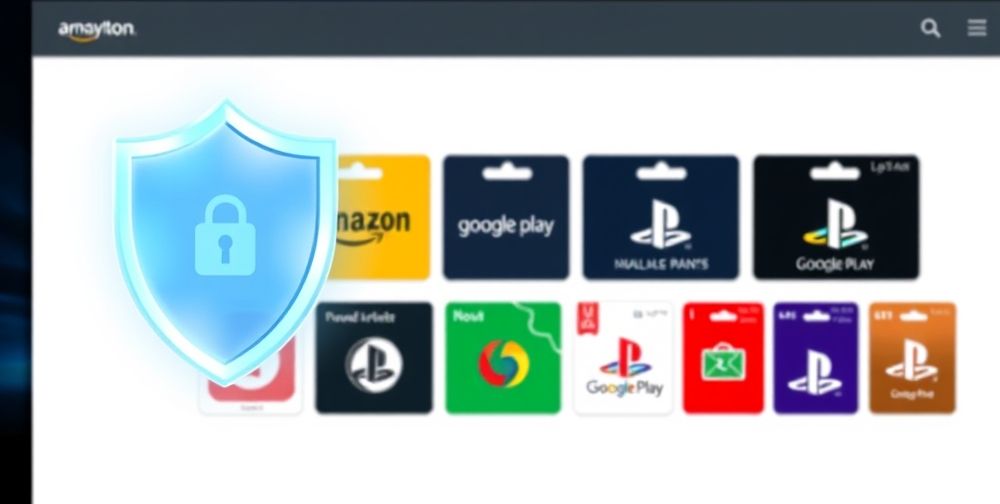 A modern online shop interface displaying digital gift cards for global brands like Amazon, Google Play, and PlayStation; a security shield icon overlays the screen conveying digital safety.