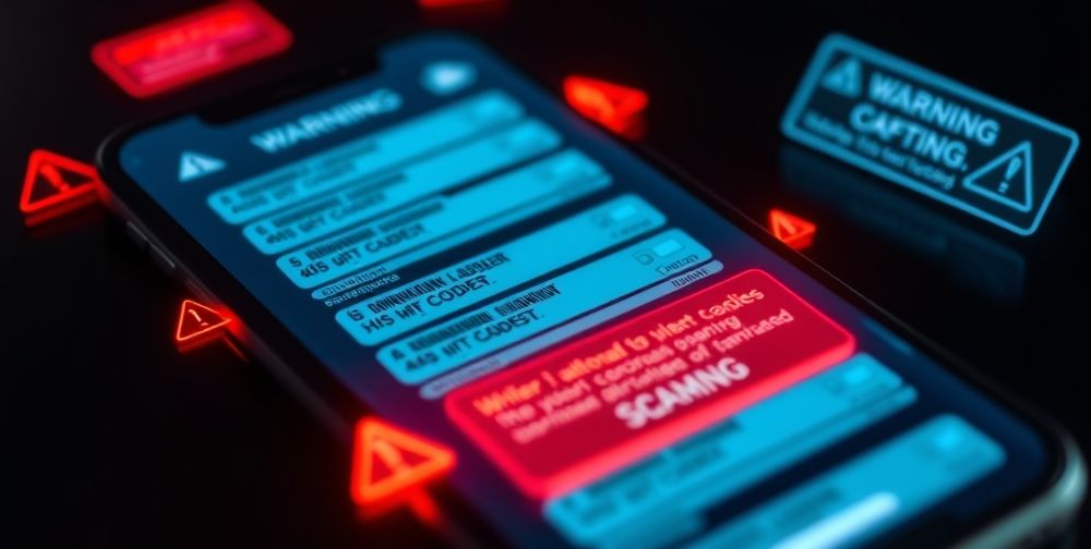 A close-up shot of digital gift card codes displayed on a smartphone, alongside warnings signs and alert notifications popping up to illustrate common scam approaches.