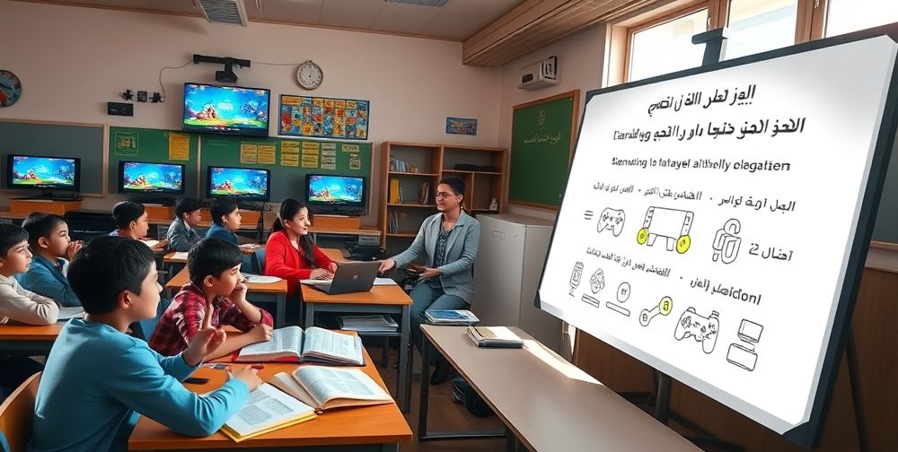 A detailed classroom scene where students and their teacher are using PlayStation consoles as part of the lesson, with screens showing educational interactive content, books on the desks, and a board explaining how gaming aids learning. Lively, optimistic Persian classroom ambiance.