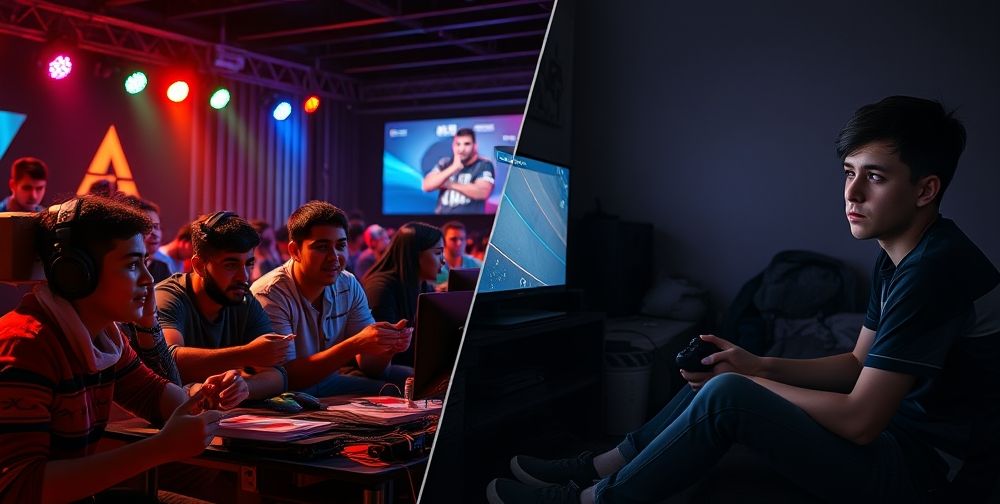 A collage-style image showing both positive and negative impacts of PlayStation: on the left, motivated Iranian youth collaborating and competing in an eSports event, and on the right, a solitary teen in a dim room playing late at night, looking concerned.