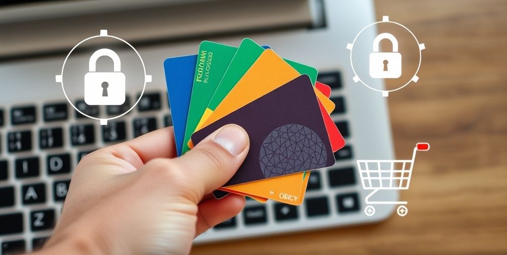 A close-up, natural-light shot of a Persian hand holding multiple colorful, international gift cards above a keyboard, with icons for security, lock, and shopping cart visualized digitally around. Friendly, trustworthy mood.