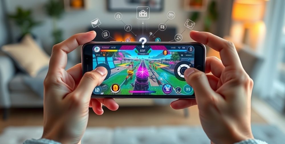 A close-up of hands holding the latest smartphone showing a colorful, high-graphics mobile game; with holographic elements and futuristic interface icons in the air around the phone, in a cozy living room.