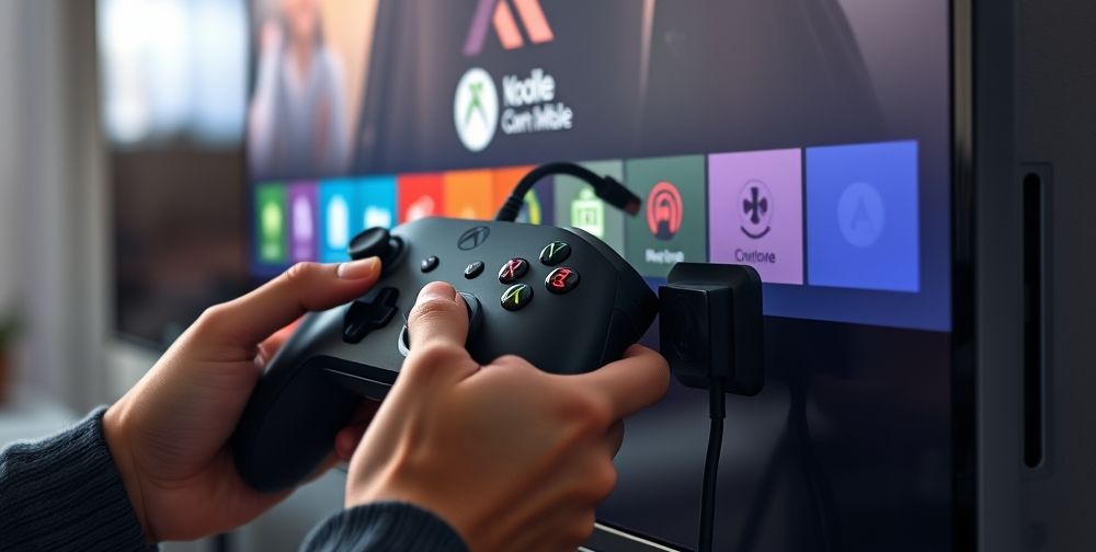 A close-up image of hands holding an Xbox Series X controller, connecting it via a USB-C cable to the port on the side of a large smart TV, with Gaming Mode enabled on the TV display, clear icons showing successful connection.