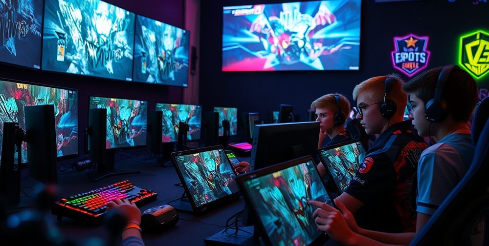 A state-of-the-art gaming setup: curved ultra-widescreen monitors, RGB-lit mechanical keyboards, esports team logos on the wall, diverse young gamers playing a complex multiplayer title together, digital strategy guides open.
