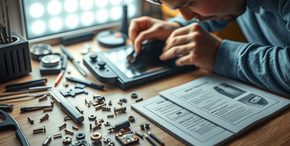 A close-up of a person repairing a Nintendo Switch in a well-lit, organized workspace, surrounded by tools, open screws, electronic parts, and detailed instruction manuals.