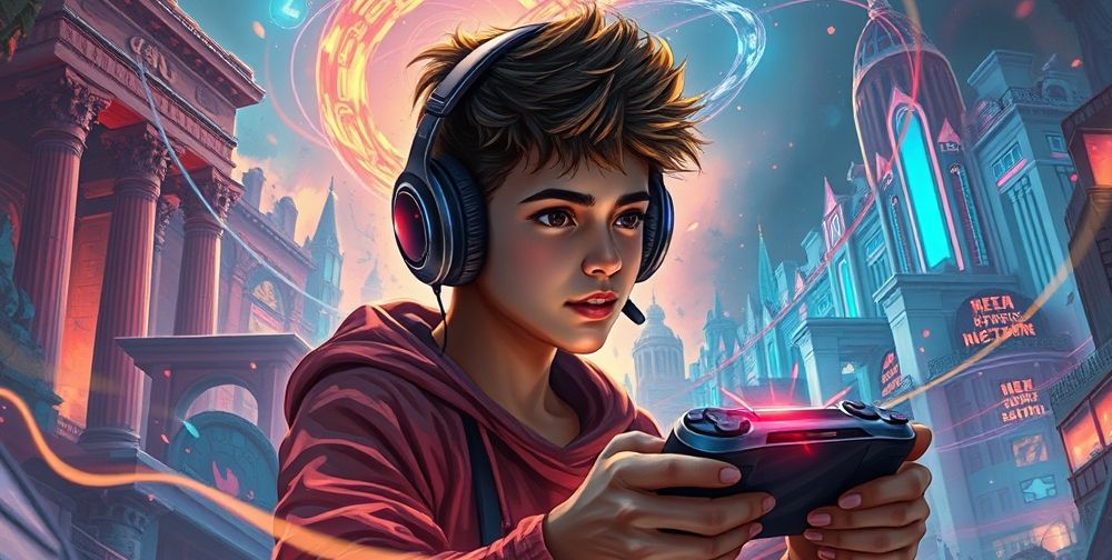A dramatic digital painting illustrating a young Iranian gamer wearing headphones, immersed in an imaginative PlayStation fantasy adventure, ancient ruins and futuristic city blended together, vibrant colors, and swirling magical effects around them.