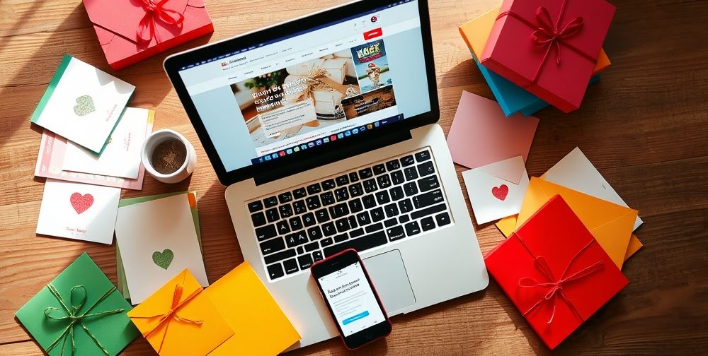 An overhead view of a desk with a laptop open to a popular gift card site, surrounded by both physical plastic gift cards, colorful envelopes, and a smartphone displaying a digital e-gift message. Natural daylight highlights the mix of traditional and digital gifting.