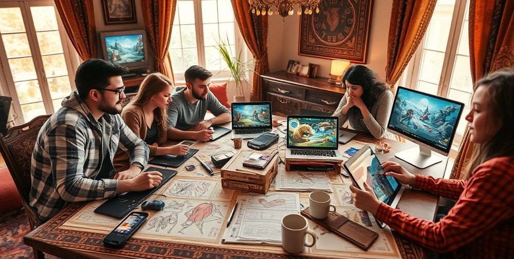 A close-up of creative designers collaborating around a table filled with colorful sketches, digital tablets, laptop screens displaying game art, and coffee mugs in a cozy, modern Persian-inspired studio, radiating creativity and teamwork.