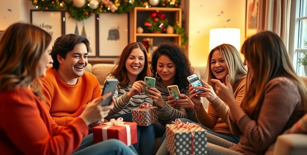 A celebratory scene showing happy friends exchanging digital gift cards on their smartphones in a cozy living room, with decorated gift boxes, confetti in the air, and warm social atmosphere.