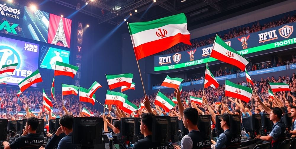 A dynamic scene showing an Iranian e-sports tournament in a well-lit stadium, with excited young audiences waving flags, pro players focused on high-end gaming PCs, and banners displaying famous Iranian game titles.