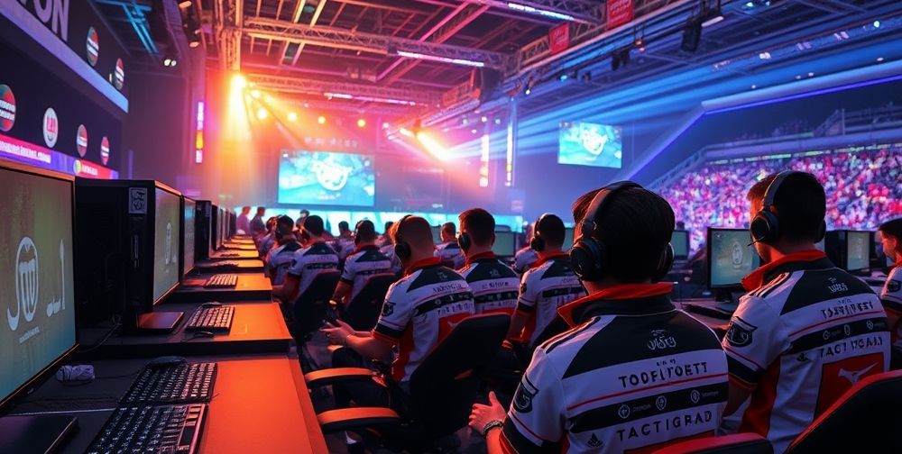 An immersive backstage look at an Iranian e-sports event—teams preparing in branded gaming gear, coaches offering last minute advice, tech crew adjusting lighting, all set in a modern arena.