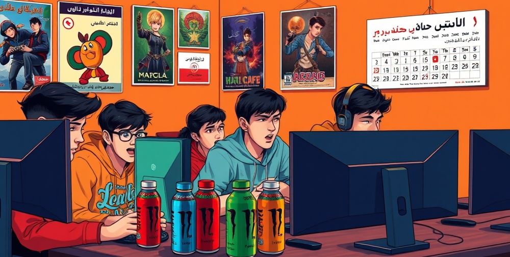 Depict young Iranian gamers at an internet cafe, focused on their screens, facial expressions showing excitement and concentration, with Persian posters and local energy drinks present. A calendar on the wall shows today’s date in Persian.