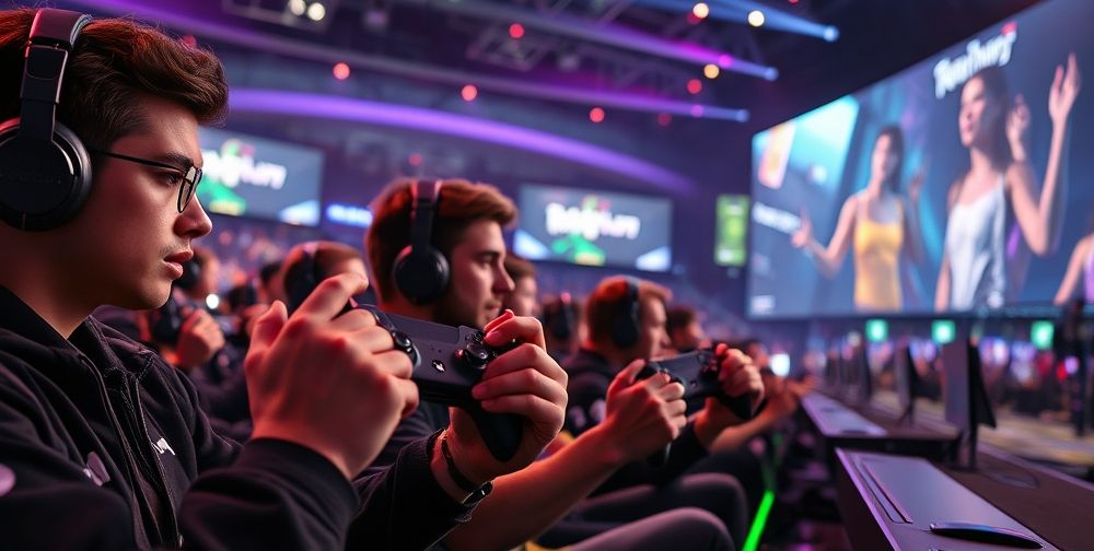 An esports event scene with gamers intensely focused while holding Xbox Series X controllers, LED lighting reflecting off sleek black hardware, and large screens displaying immersive game action, expressing competitive spirit and energy.