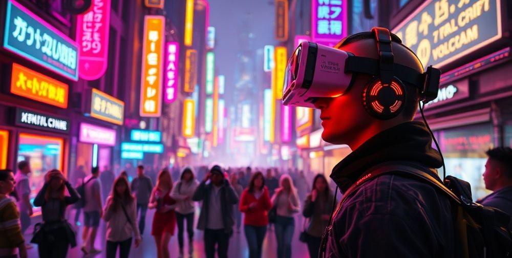 A futuristic gaming scenario: A player wearing VR gear interacts with responsive AI-controlled NPCs in a bustling sci-fi city, neon lights illuminating intuitive UI elements, and data visualizations showing adaptive gameplay.