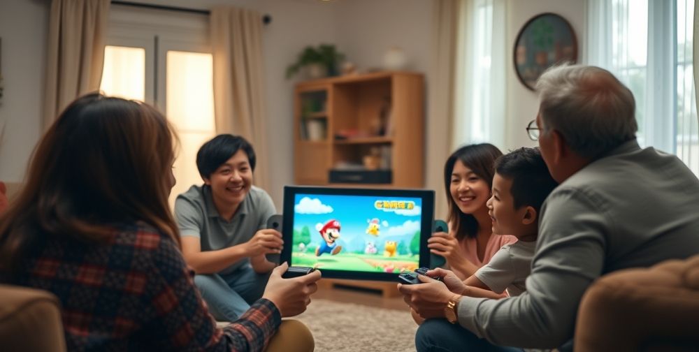 A bustling living room filled with a family and friends playing on a next-generation Nintendo Switch console. The vibrant display shows a Mario adventure, and laughter and excitement fill the scene, symbolizing the social and family aspect of Nintendo gaming.