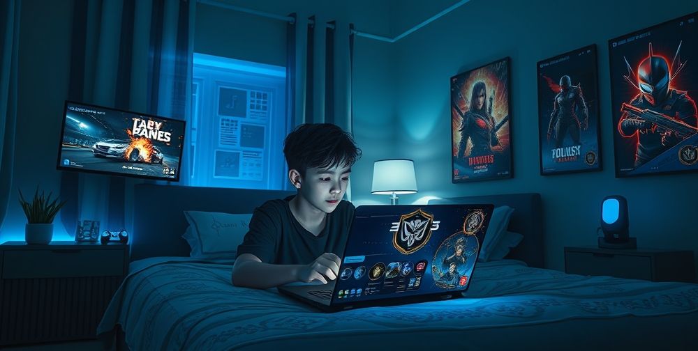 An atmospheric digital illustration of a modern Persian bedroom at night: a young gamer reviews the latest action game on a futuristic laptop, surrounded by reviews on a screen, posters of popular games, and soft blue LED lights, conveying focus and excitement.