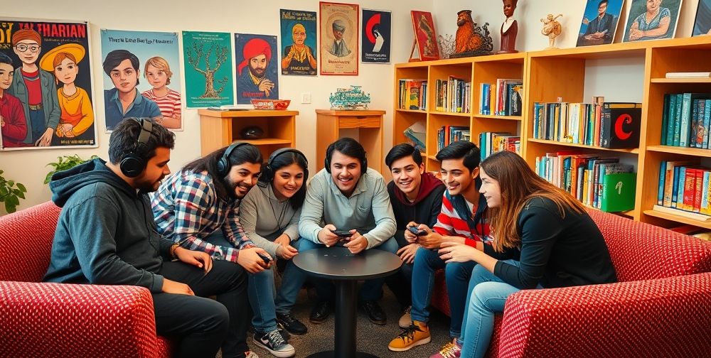 An energetic group of Iranian university students, some with headphones, gathered around a PlayStation in a cozy dorm common room. Bright posters, soft armchairs, and shelves with books and games. Scene radiates camaraderie and youthful joy.