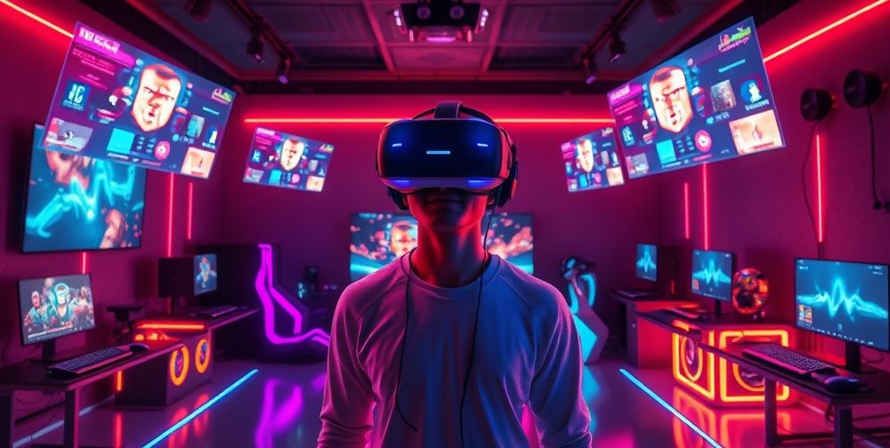 A realistic VR gaming room: a player with a futuristic VR headset stands in the center, surrounded by colorful holographic game interfaces, immersive lighting, and high-tech gaming equipment.