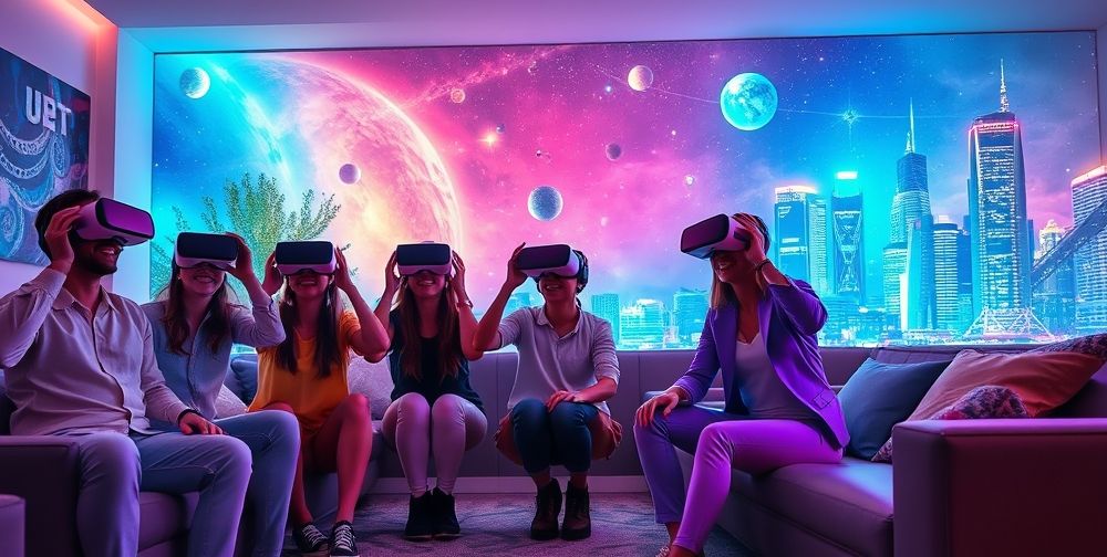 A group of friends in modern living room, each wearing stylish VR headsets, actively moving and immersed in different virtual world settings: fantasy landscapes, outer space, and futuristic cities.