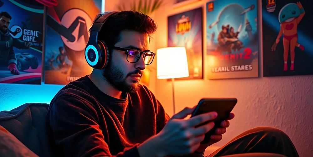 A modern Iranian gamer, headphones on, excitedly playing a newly discovered indie game from Steam in a cozy room. Posters of popular Steam games line the wall, glowing in warm light.