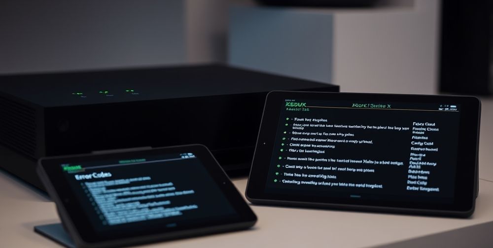 A close-up shot of an Xbox Series X console with illuminated buttons, a neat gaming area, and a visible list of error codes and troubleshooting tips displayed on a tablet next to it. The setting is well-lit, emphasizing both the hardware and tech support elements.
