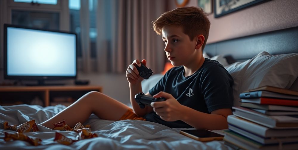 A thoughtful teenage boy sitting in his bedroom at dusk, a PlayStation controller in hand, looking at the glowing TV screen. The room has scattered snacks, textbooks closed, and a smartphone nearby, visually contrasting entertainment and academic pursuits.