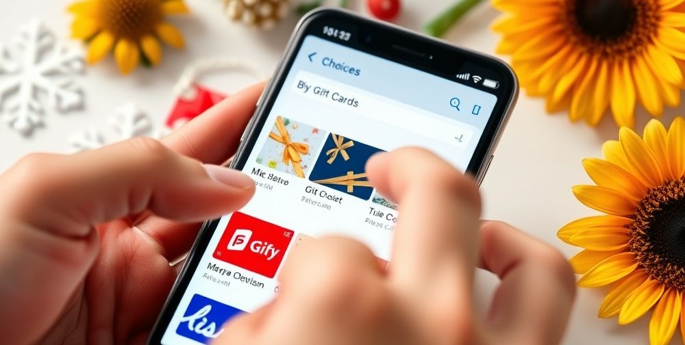 A close-up of a smartphone screen displaying multiple digital gift card options, with a person’s hand selecting one; background hints at different seasonal icons like snowflakes and sunflowers, symbolizing various seasons.