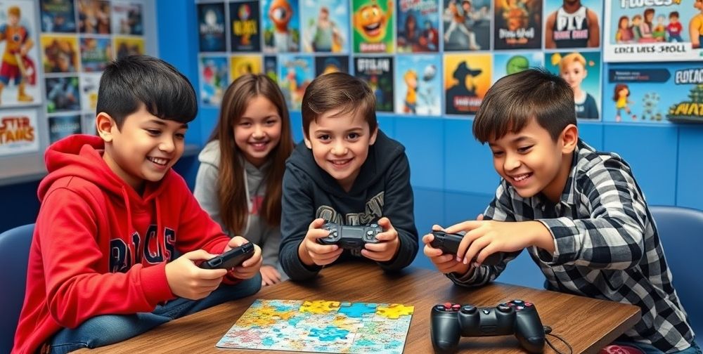A dynamic after-school club themed around PlayStation, with students collaborating on puzzle games for learning, smiling and sharing tips. The background is filled with posters of educational video games, fostering a positive, inspiring atmosphere.