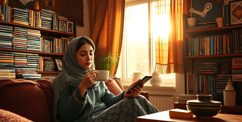 A relaxed Iranian gamer at home, surrounded by an organized collection of Steam game boxes and digital cards, sipping tea and reading game reviews on her phone. Persian motifs in decor, sun softly shining through the window.